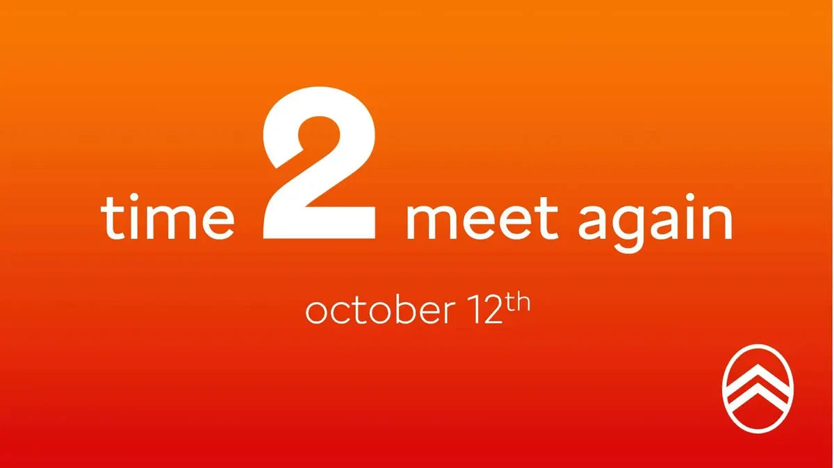 Оранжевая заставка с текстом «time 2 meet again», датой 12 октября и логотипом Citroën