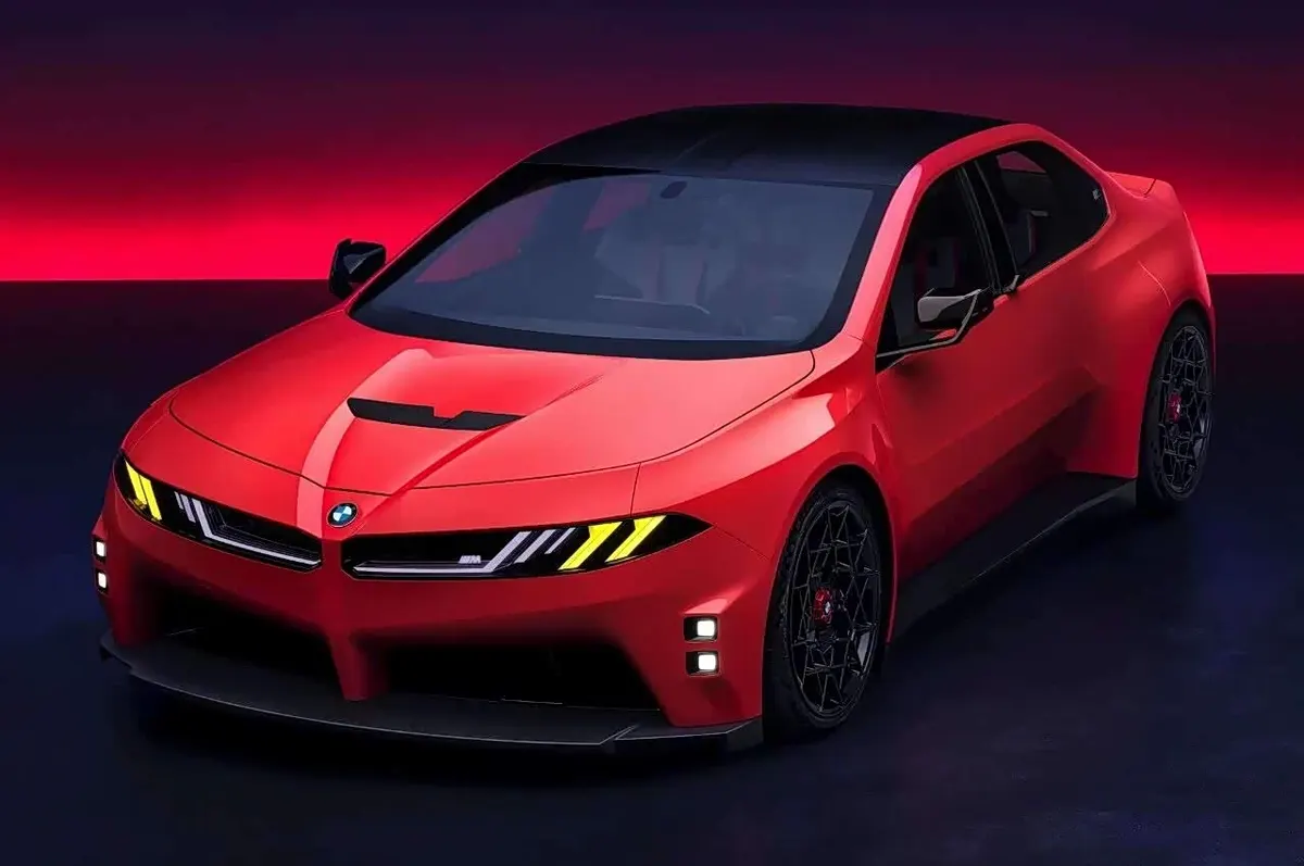 Красный концепт BMW с жёлтыми ходовыми огнями и чёрными дисками, вид спереди в три четверти