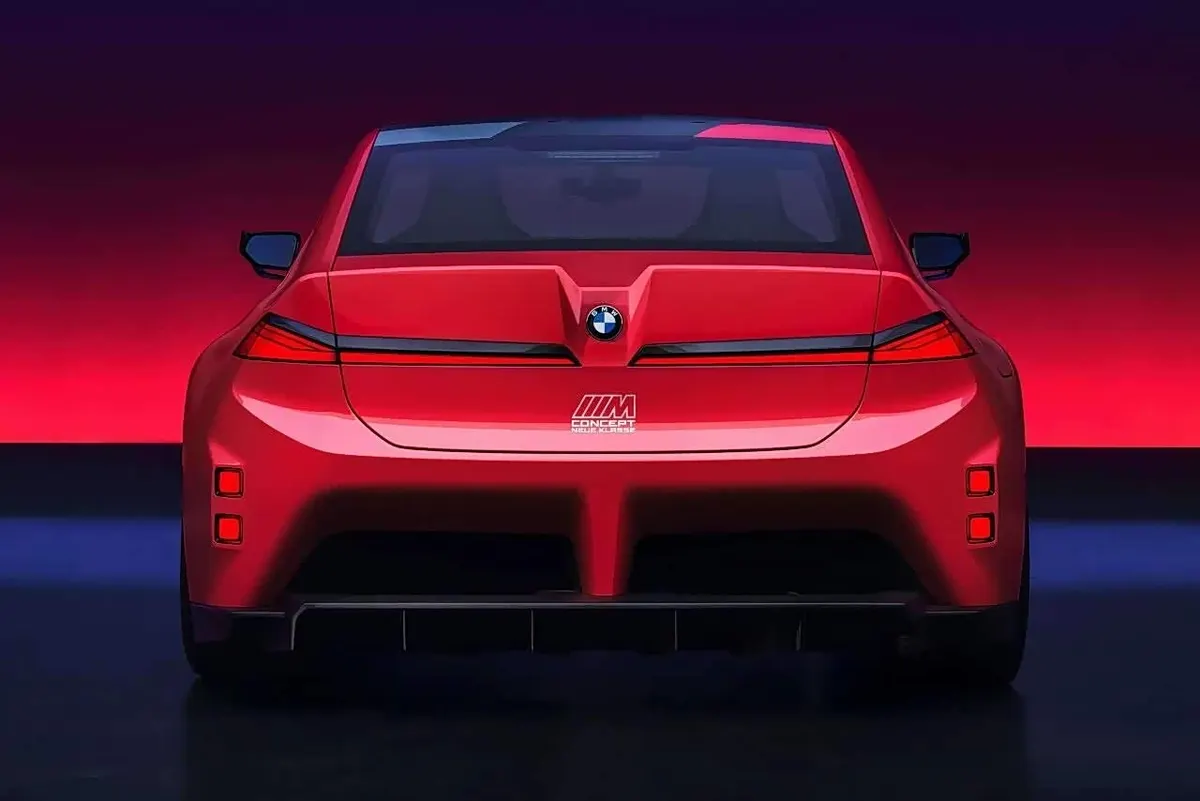 Красный концепт BMW сзади: тонкие стоп-сигналы, логотип M Concept Neue Klasse на крышке багажника