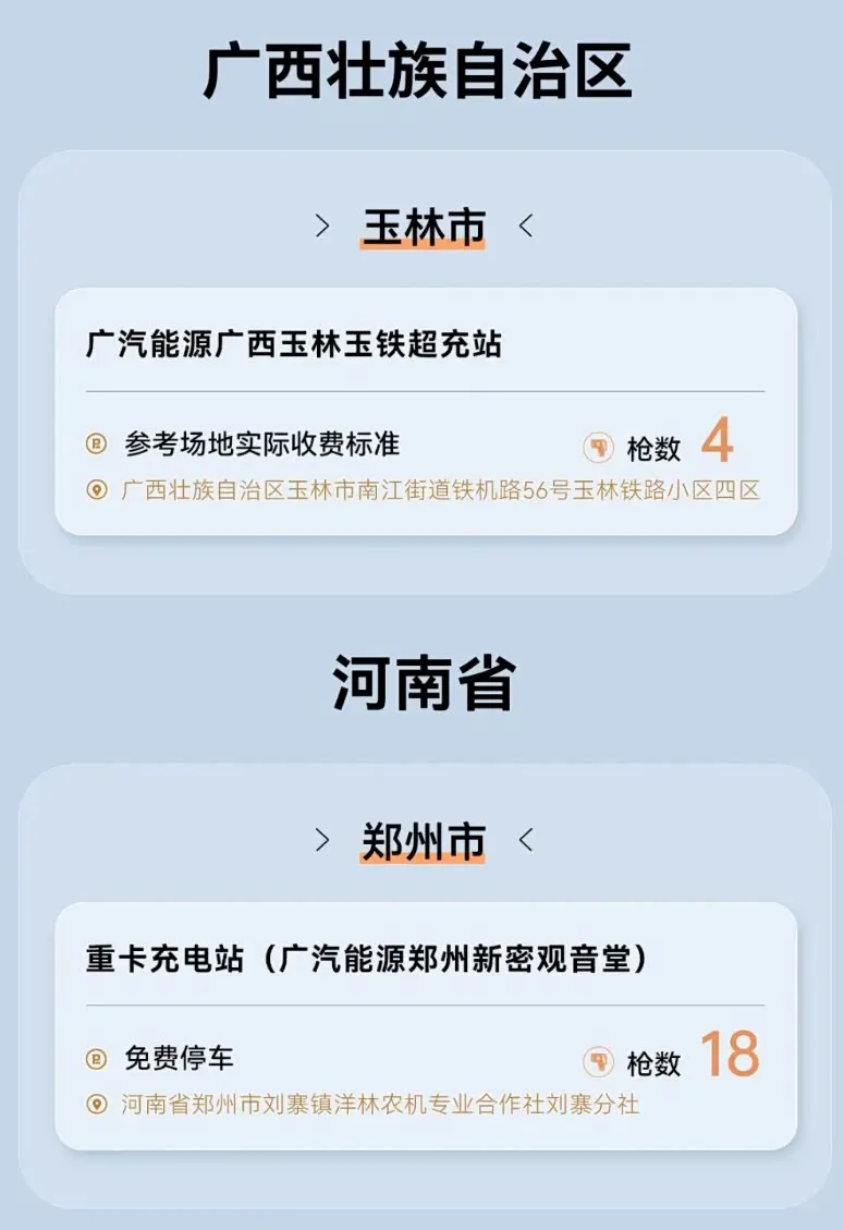 Новые станции GAC Energy в Юйлине (Гуанси) на 4 разъёма и в Чжэнчжоу (Хэнань) на 18 разъёмов