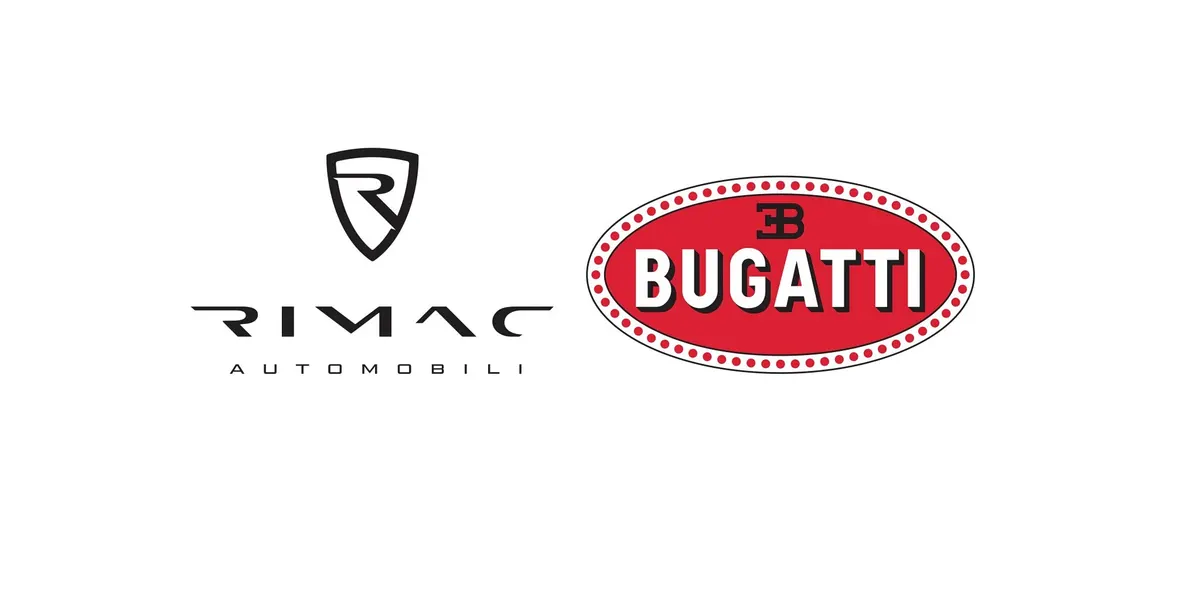 Логотипы Rimac Automobili и Bugatti рядом на белом фоне