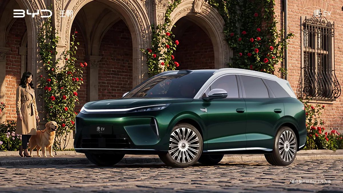 Зелёный BYD Tang с белой крышей у кирпичной арки с розами, рядом женщина с собакой