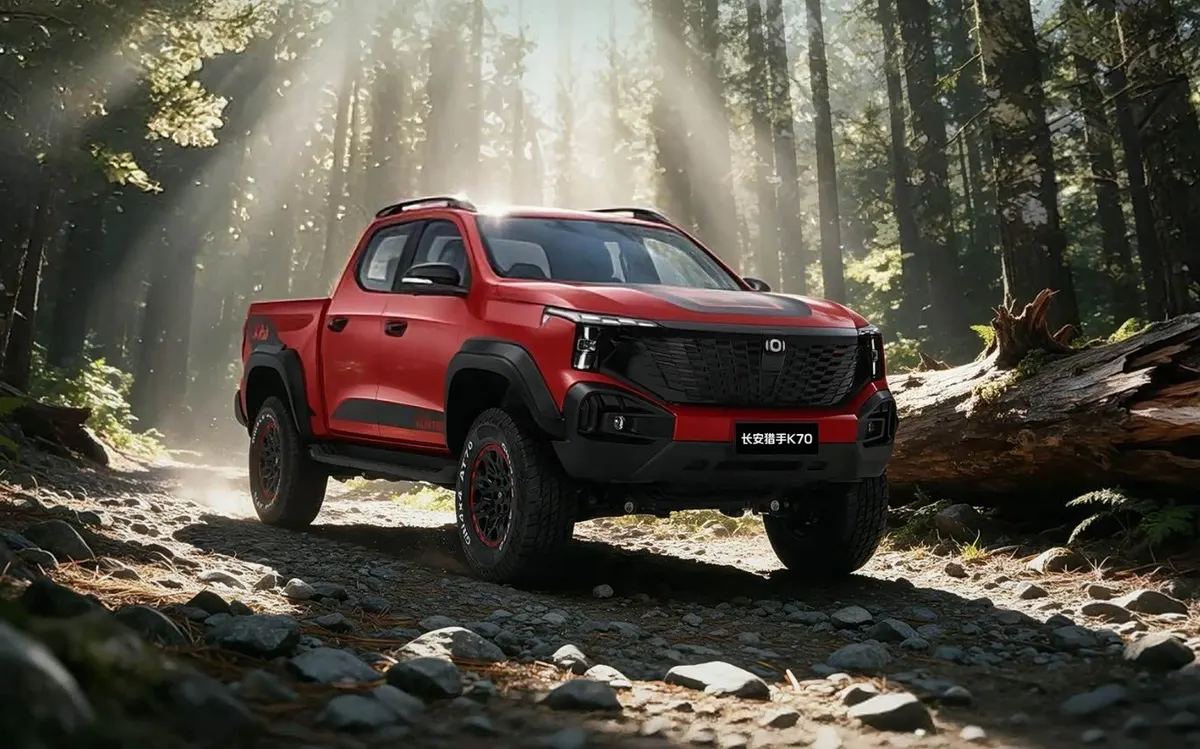 Красный пикап Changan Hunter K70 на лесной гравийной дороге, сквозь деревья пробиваются лучи солнца