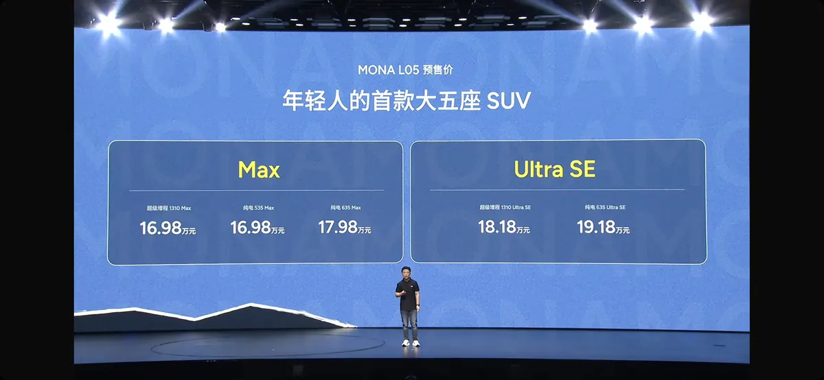 Слайд с предпродажными ценами MONA L05: версии Max и Ultra SE от 169 800 до 191 800 юаней