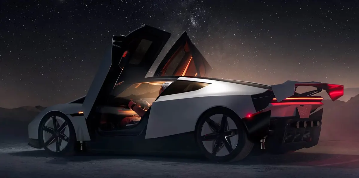 Roadster с поднятыми дверями и антикрылом на фоне звёздного неба, в кабине виден человек