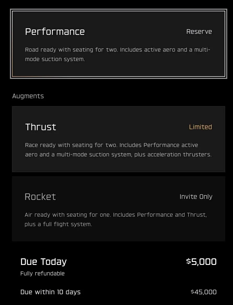 Выбор версий Roadster: Performance, Thrust и Rocket; сегодня 5000 долларов (≈ 418 100 ₽), ещё 45 000 в течение 10 дней
