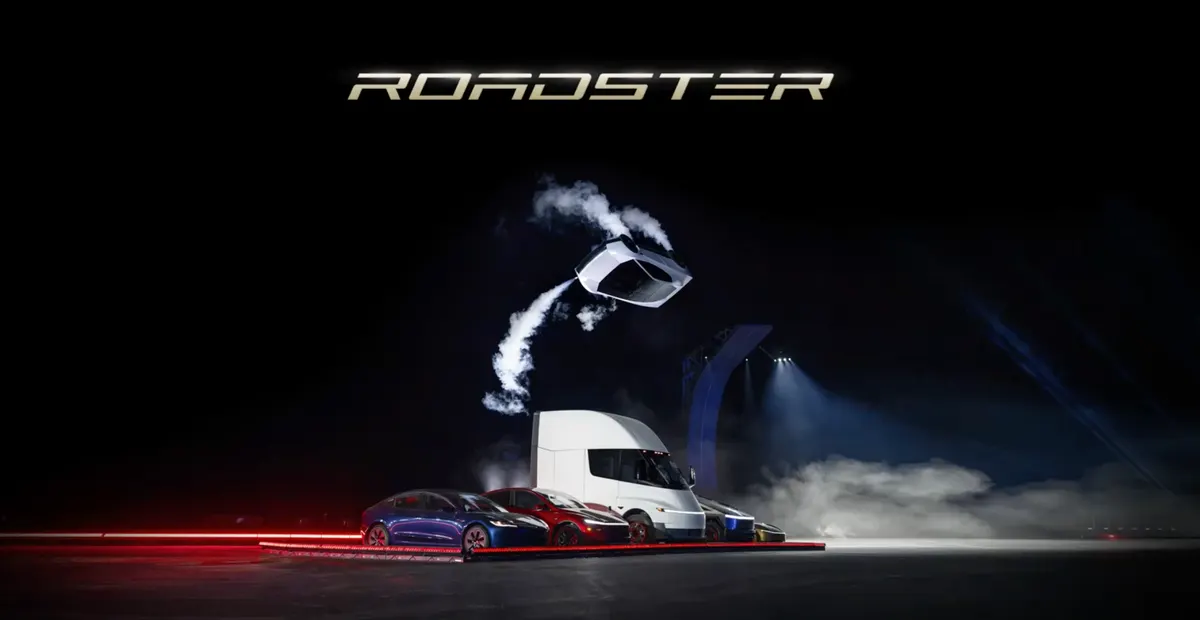 Под надписью Roadster над седанами Tesla и белым тягачом в клубах дыма парит белый автомобиль