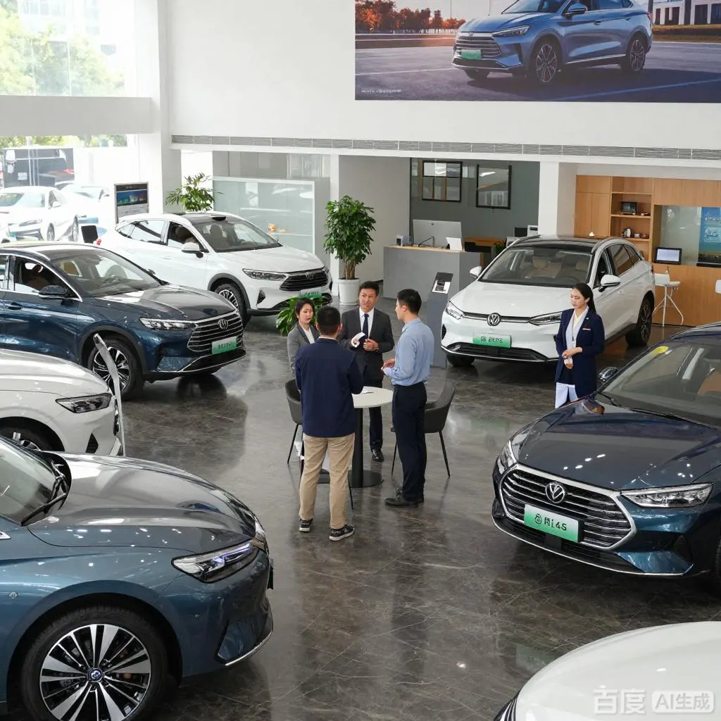 Автосалон: белые и сине-серые автомобили, группа людей беседует у круглого столика