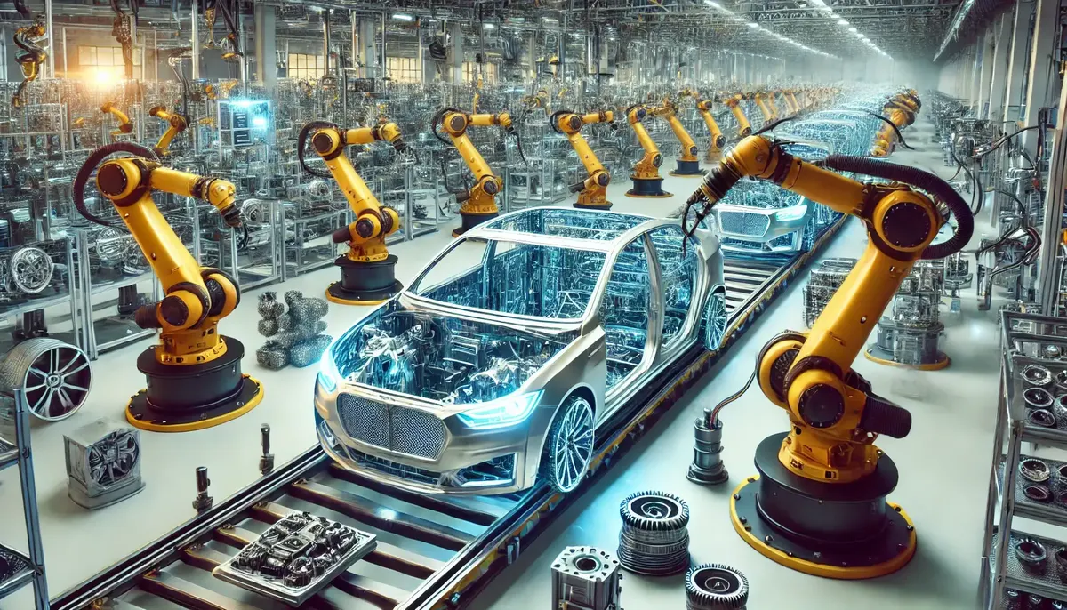 Жёлтые промышленные роботы-манипуляторы собирают кузов автомобиля на конвейере в просторном цехе