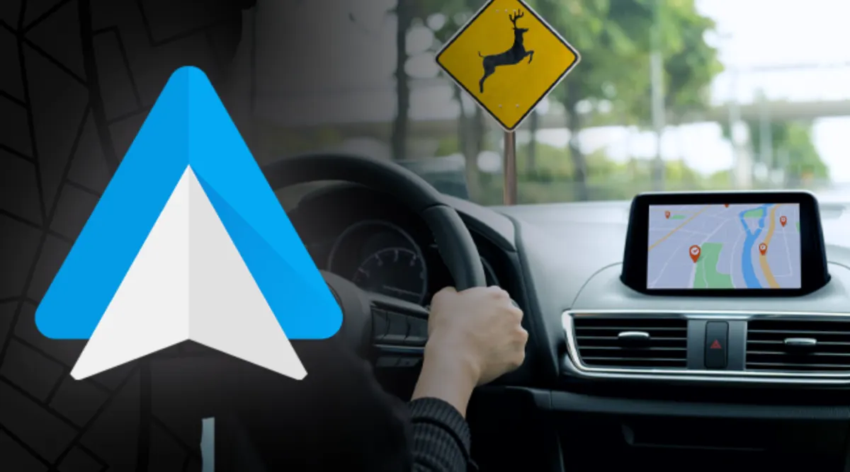 Логотип Android Auto, рука водителя на руле и экран с картой; вдали жёлтый знак с оленем