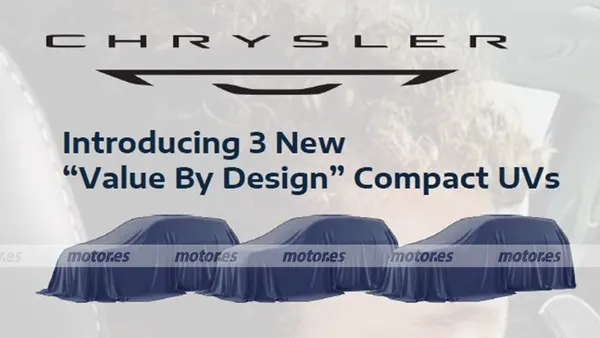 Логотип Chrysler и три накрытых тканью силуэта автомобилей под анонсом трёх компактных кроссоверов