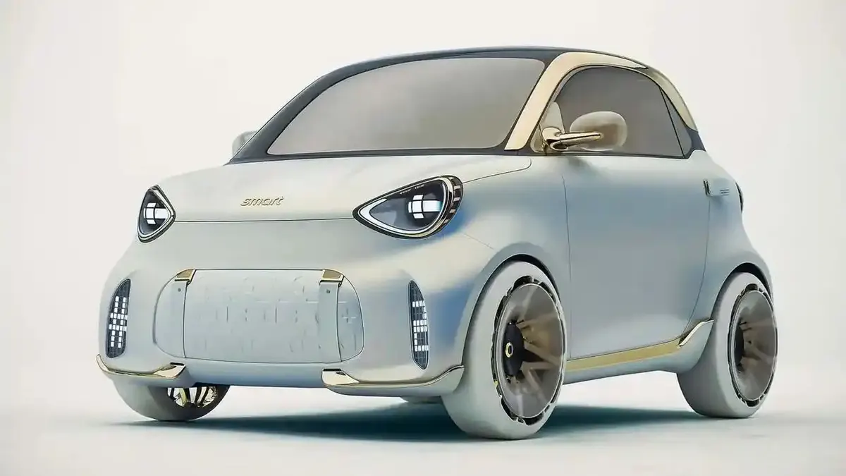 Светлый компактный smart, вид спереди: узкие фары, золотистые акценты на крыше и порогах, белые колёса