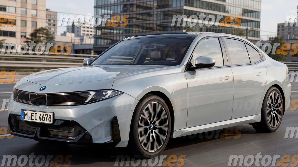 Светло-серый седан BMW 3 Series нового поколения, вид спереди-сбоку: узкие фары, небольшая решётка радиатора