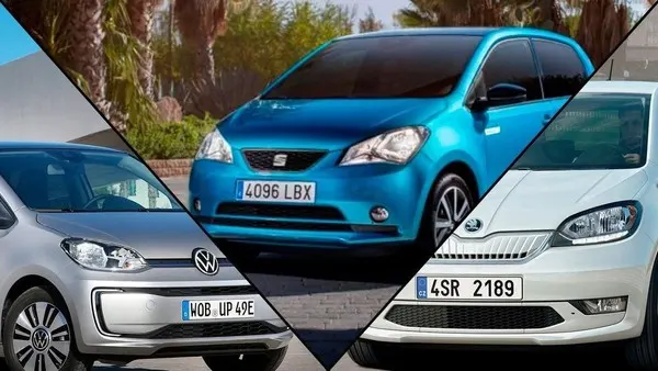 Коллаж из трёх компактных хэтчбеков: серый Volkswagen слева, бирюзовый в центре и белый справа