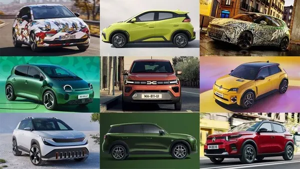 Коллаж из девяти компактных автомобилей и кроссоверов разных цветов, часть в камуфляжной плёнке