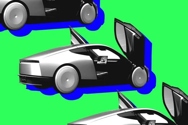 Tesla Cybercab: серебристый кузов с поднятыми дверями, коллаж на зелёном фоне с синей тенью