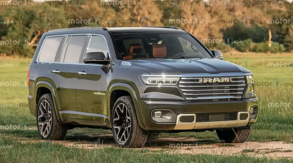 Внедорожник Ram Ramcharger серо-зелёного цвета, вид спереди сбоку, на траве у леса
