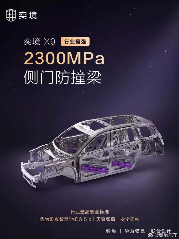 Силовой каркас Yijing X9 с фиолетовыми боковыми балками в дверях; на плакате указано 2300 МПа