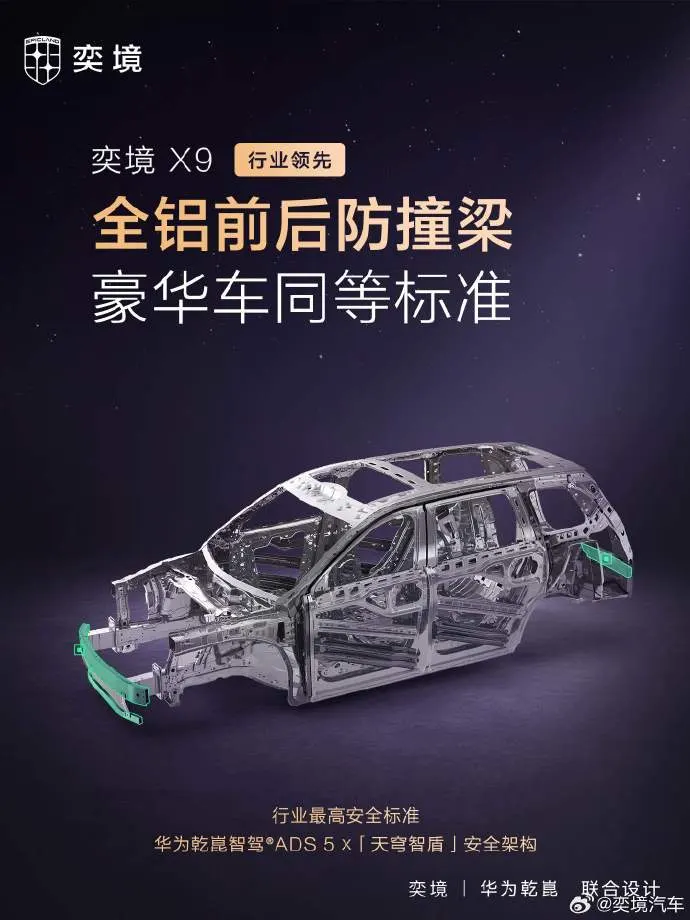 Каркас Yijing X9 с выделенными зелёным передней и задней алюминиевыми балками бампера