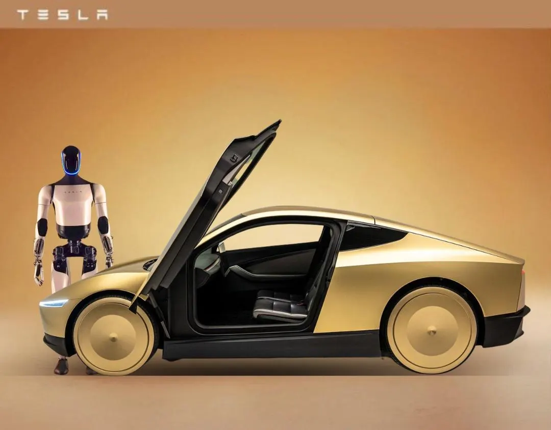 Золотистый Tesla Cybercab с поднятой дверью и гуманоидный робот Optimus рядом с передним колесом, вид сбоку